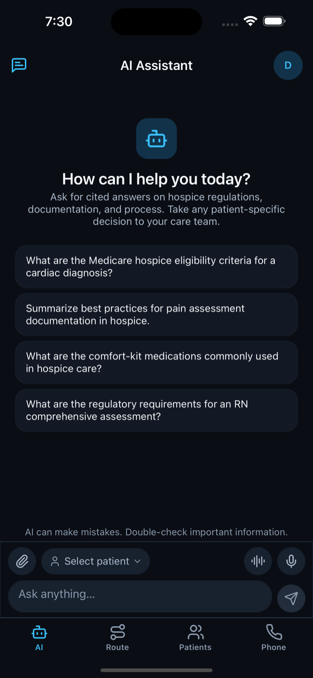 AI assistant screen showing cited answers on hospice regulations and patient-specific prompts