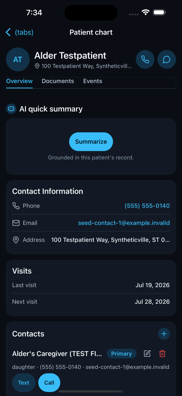 Field app patient chart with contact info, visit history, and an AI quick-summary of the record